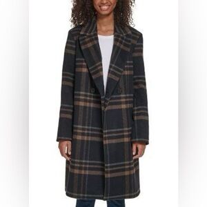DKNY Black and Brown Plaid Long Wool-Blend Coat
